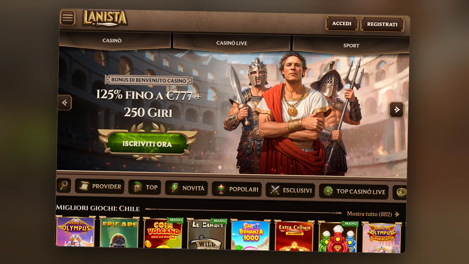 Il layout stretto di Lanista su telefono: pulsanti Accedi e Registrati, schede Casinò, Casinò Live e Sport e il banner 125% fino a €777 + 250 Giri